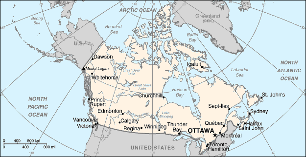 Canada map - Ottawa - Montral -Toronto - Hamilton - Qubec - Sydney - St Jhon's - Sept les - Calgary - Edmonton - Regina - Vancouver - Victoria - Whitehorse - Dawson - Churchhill - Thunder Bay - Igualuit - Winnipeg - Halifax - Prince Rupert