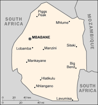 Map of Swaziland - Kaart Swasiland - Carta Suazilandia 